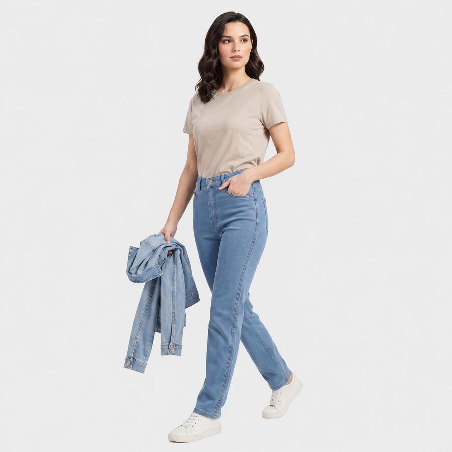 Women's Light Blue Straight Fit Classic Five Pocket Jeans, हल्का नीला, large