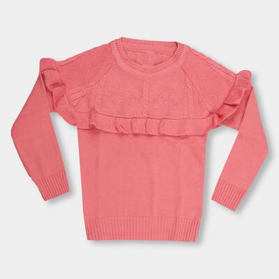 Girls Bright Coral Pink Round Neck Ruffle Sleeve Pullover