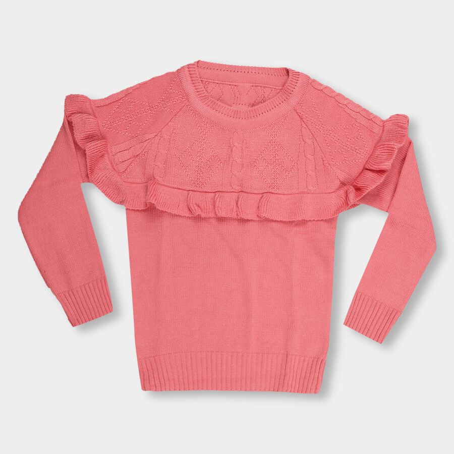 Girls Bright Coral Pink Round Neck Ruffle Sleeve Pullover, Pink, large image number null
