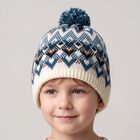 Boys' Cream Geometric Knit Pom-Pom Beanie Cap, Off White, small
