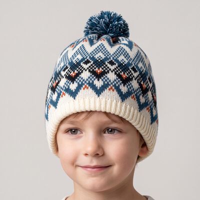 Boys' Cream Geometric Knit Pom-Pom Beanie Cap