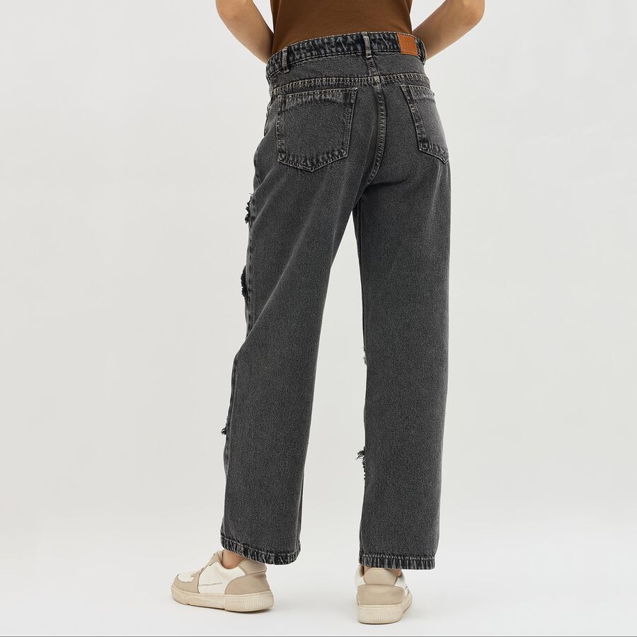 Women's Washed Black High-Rise Straight Fit Distressed Jeans, गहरा ग्रे, large image number null