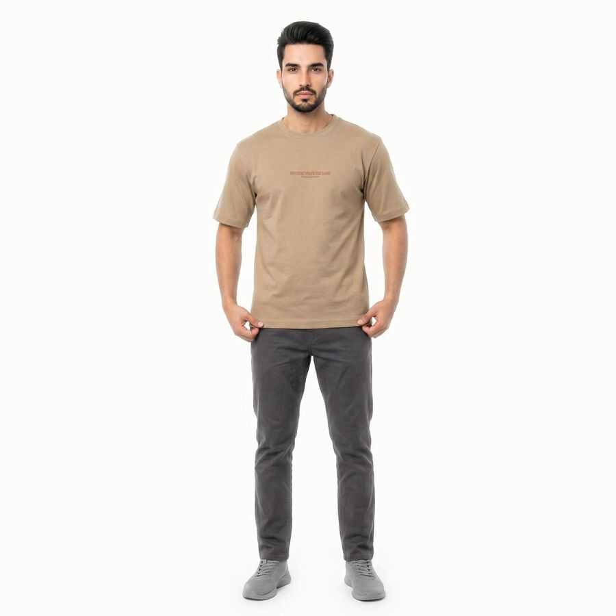 Men's Khaki Round Neck Regular T-Shirt, Khaki, large