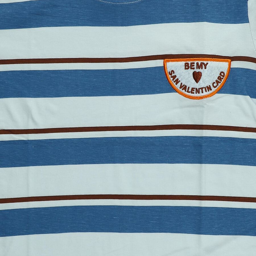 Boys Blue Cotton Round Neck Casual T-Shirt, मध्यम नीला, large