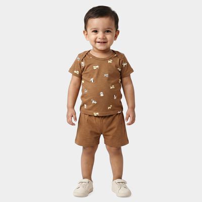 Infants' Brown Round Neck Graphic Print Baba Suit