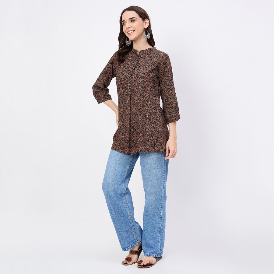 Women's Brown Notch Neck Printed Straight Kurti, भूरा, large