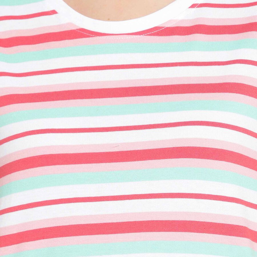 Cotton Stripes Round Neck T-Shirt, Peach, large image number null