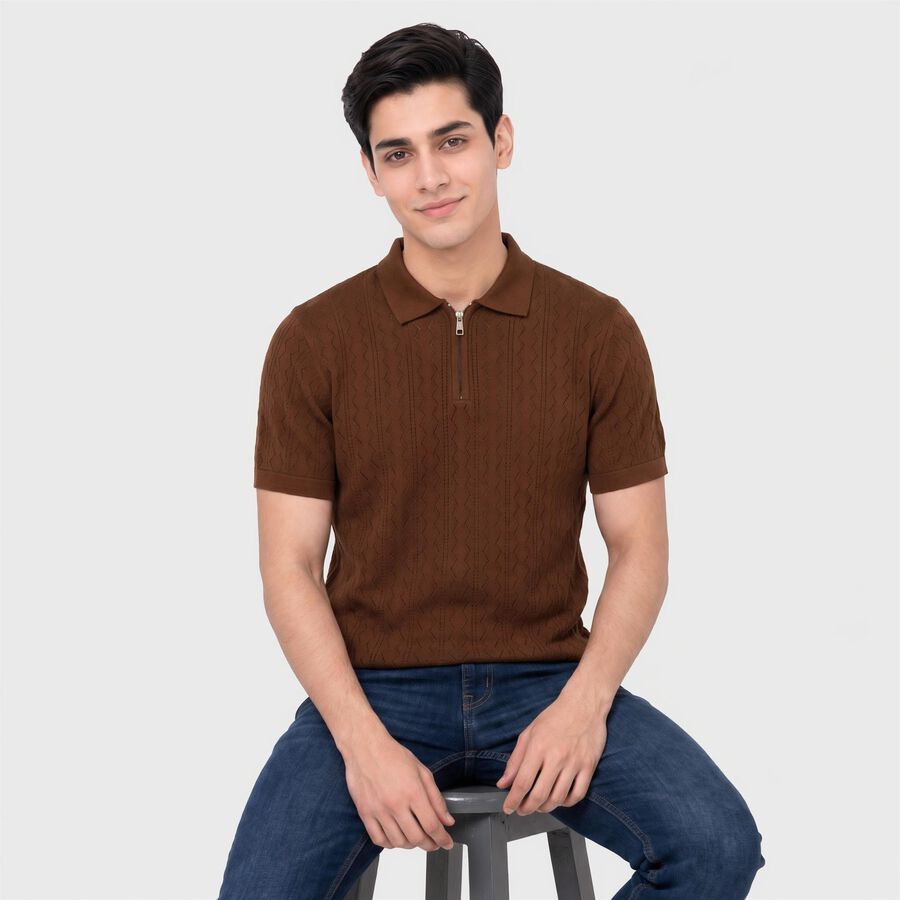 Men's Brown Cotton Polo Neck Solid T-Shirt, भूरा, large