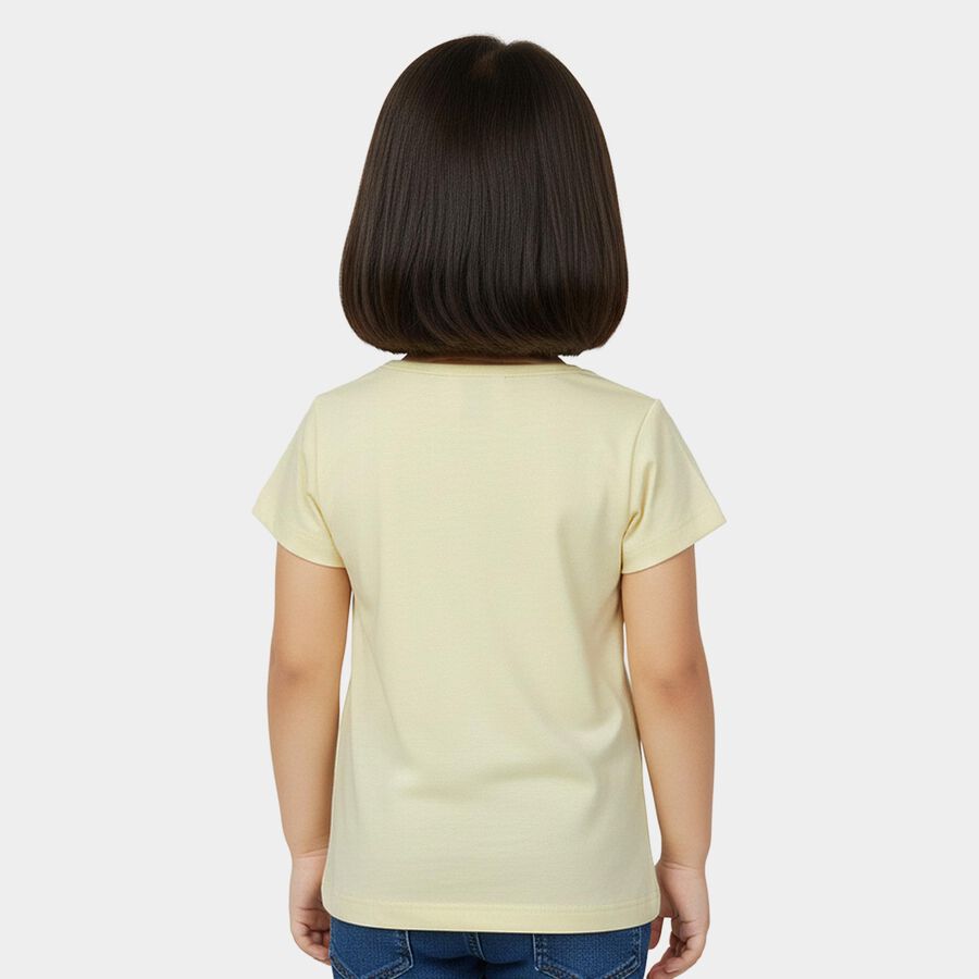 Girls' Yellow Cotton Round Neck Casual T-Shirt, पीला, large