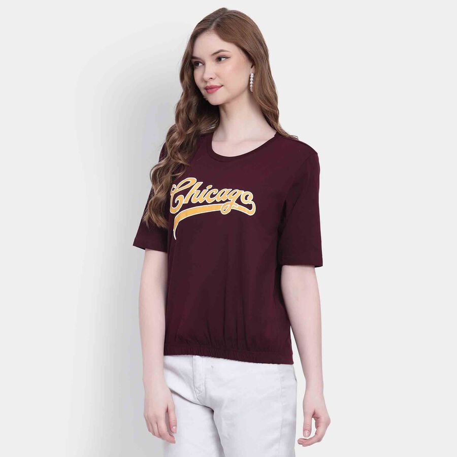 Printed Round Neck T-Shirt, Wine, large image number null
