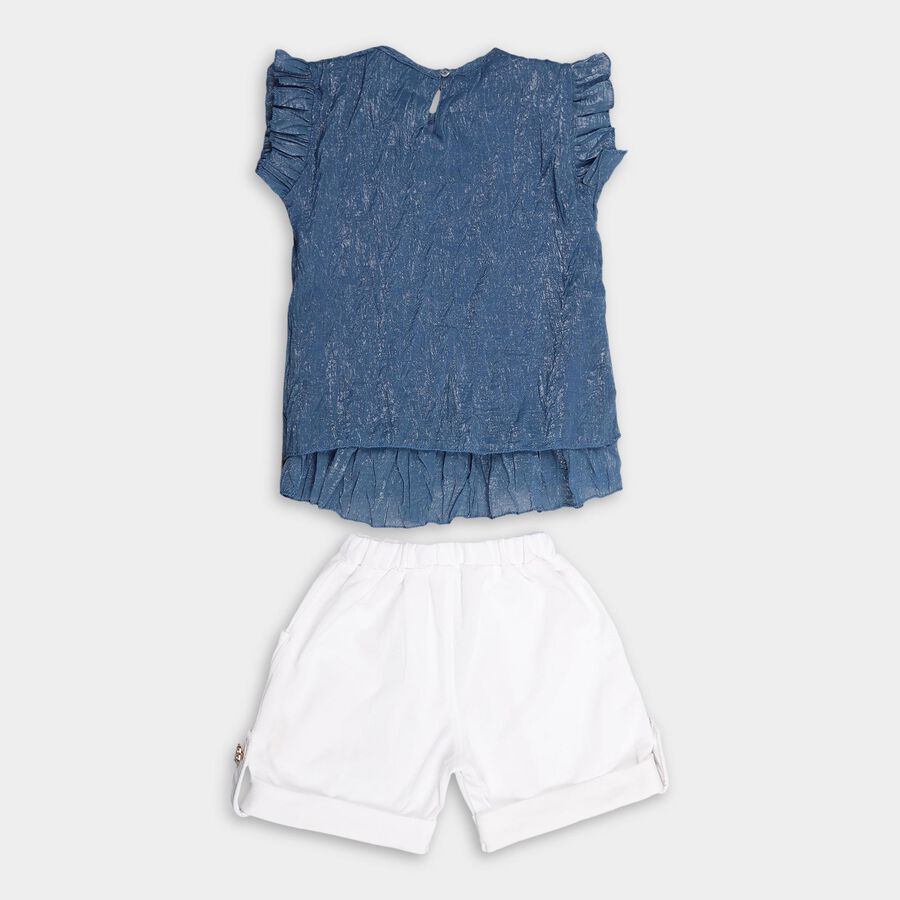 Girls' Muted Denim Blue Ruffle Sleeve Casual Top and White Shorts Set, Light Blue, large image number null