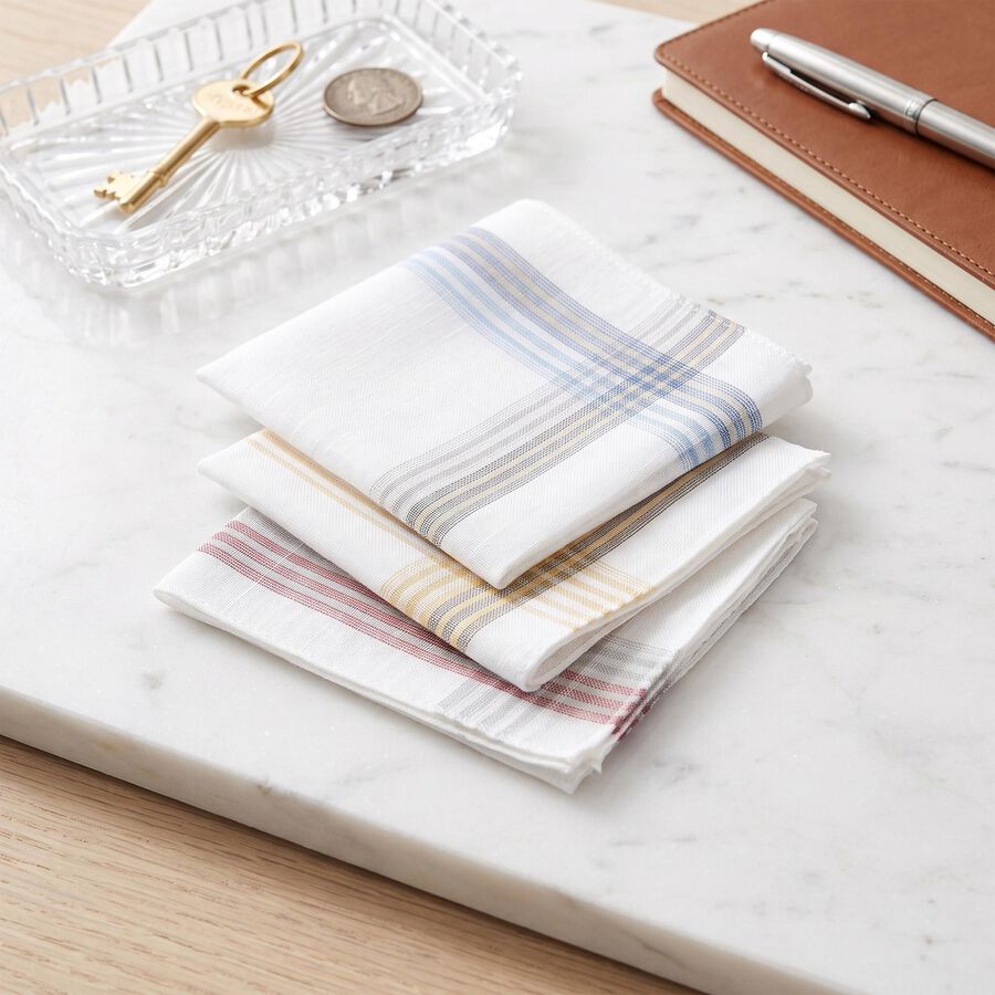 Men's White Striped Pack of 3 Handkerchief, सफ़ेद, large