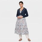 Women's Navy Blue Cotton Lapel Collar Floral Printed Flared Kurta, Navy Blue, small