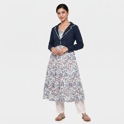 Women's Navy Blue Cotton Lapel Collar Floral Printed Flared Kurta