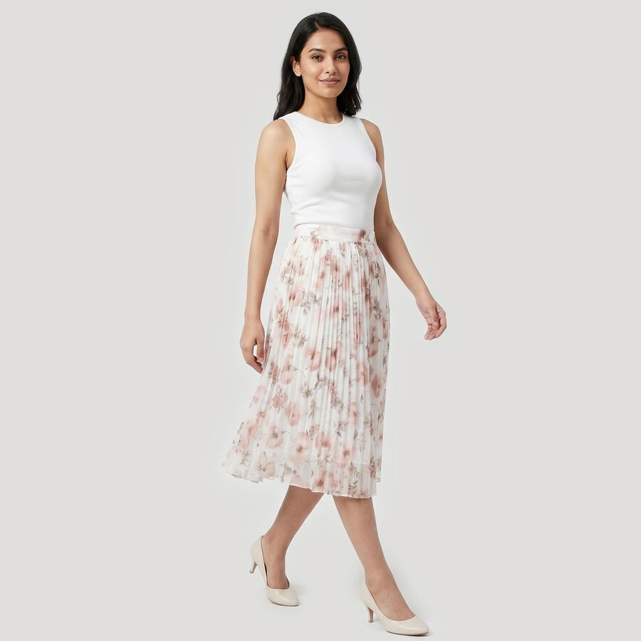 Women's Beige High-Waist Pleated Midi Skirt, Beige, large