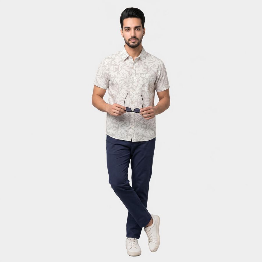 Men's Grey Cotton Half Sleeves Spread Collar Shirt, Light Grey, large