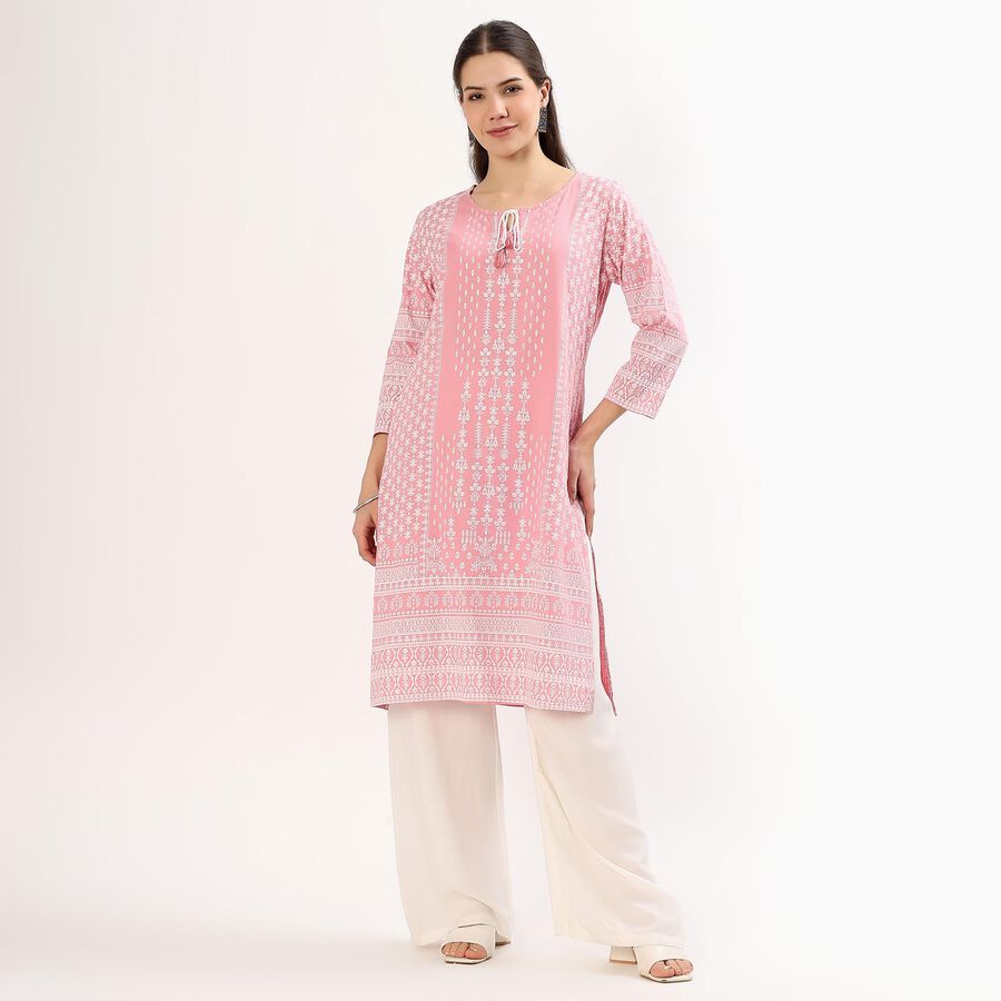 Women's Soft Pink Round Neck Floral Printed Kurta, गुलाबी, large