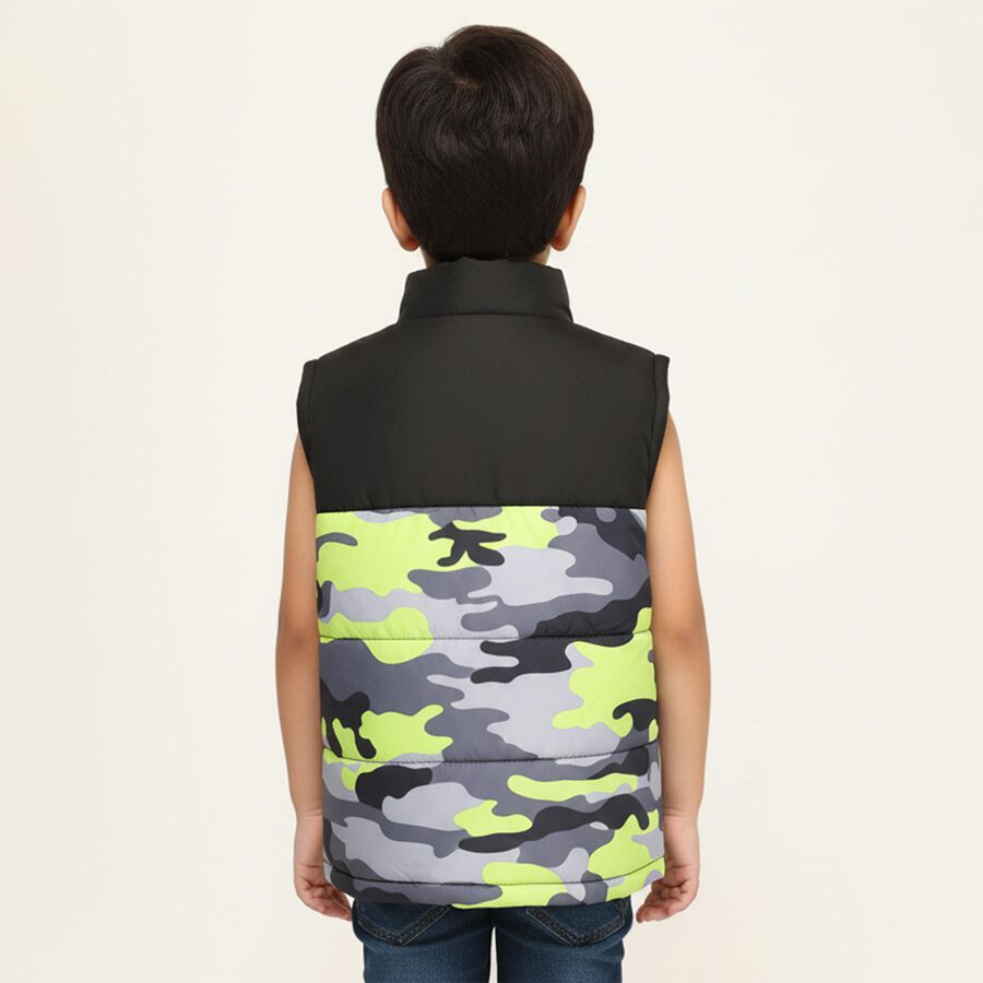 Boys Black and Camouflage High Neck Sleeveless Jacket, काला, large image number null