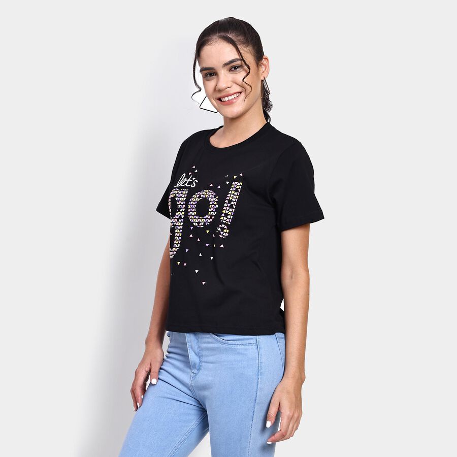 Ladies' 100% Cotton Round Neck T-Shirt , काला, large image number null