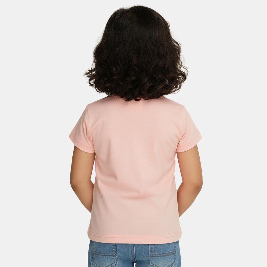 Girls' Pink Round Neck Printed T-Shirt, Light Pink, large