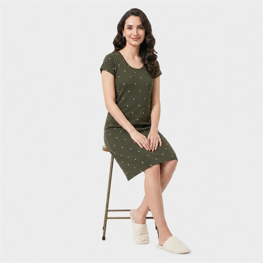Women's Olive Green Round Neck T-Shirt Style Nighty, Olive, large
