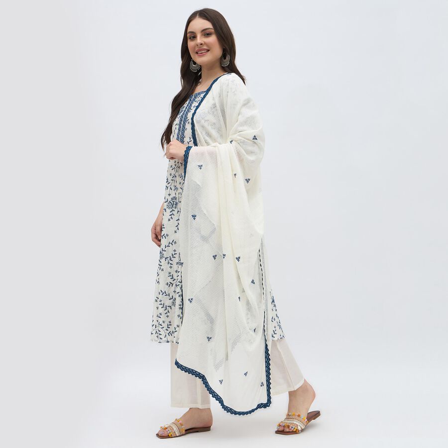Women's Ivory White Round Neck Embroidered Kurta, Mid Blue, large image number null