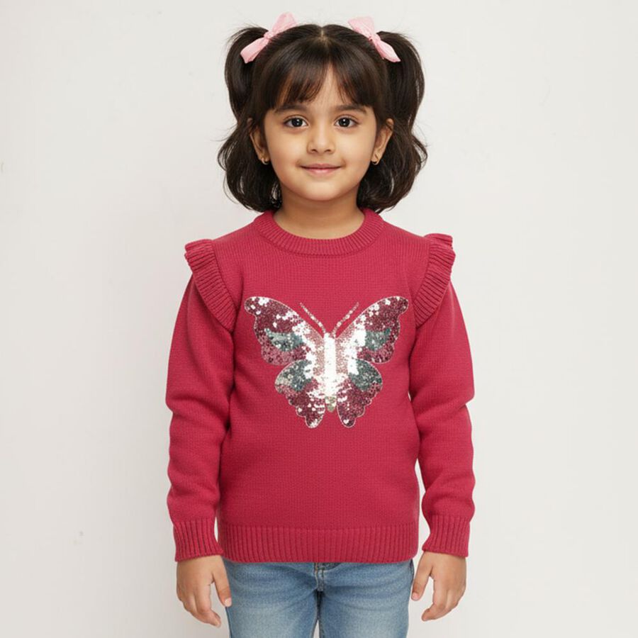 Girls Deep Raspberry Pink Crew Neck Casual Pullover, रानी (फ्यूशिया), large image number null