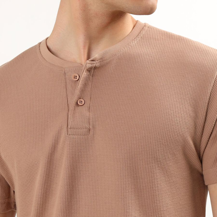 Men's Beige Henley Neck Textured T-Shirt, Beige, large