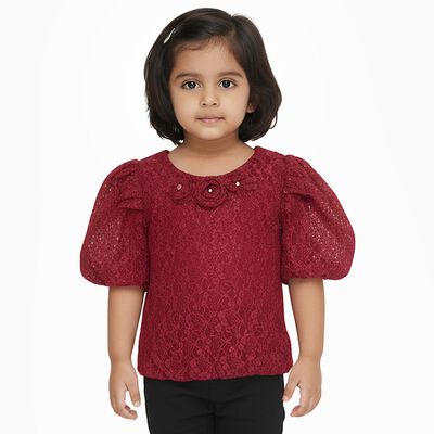 Girls Deep Red Round Neck Romantic T-Shirt