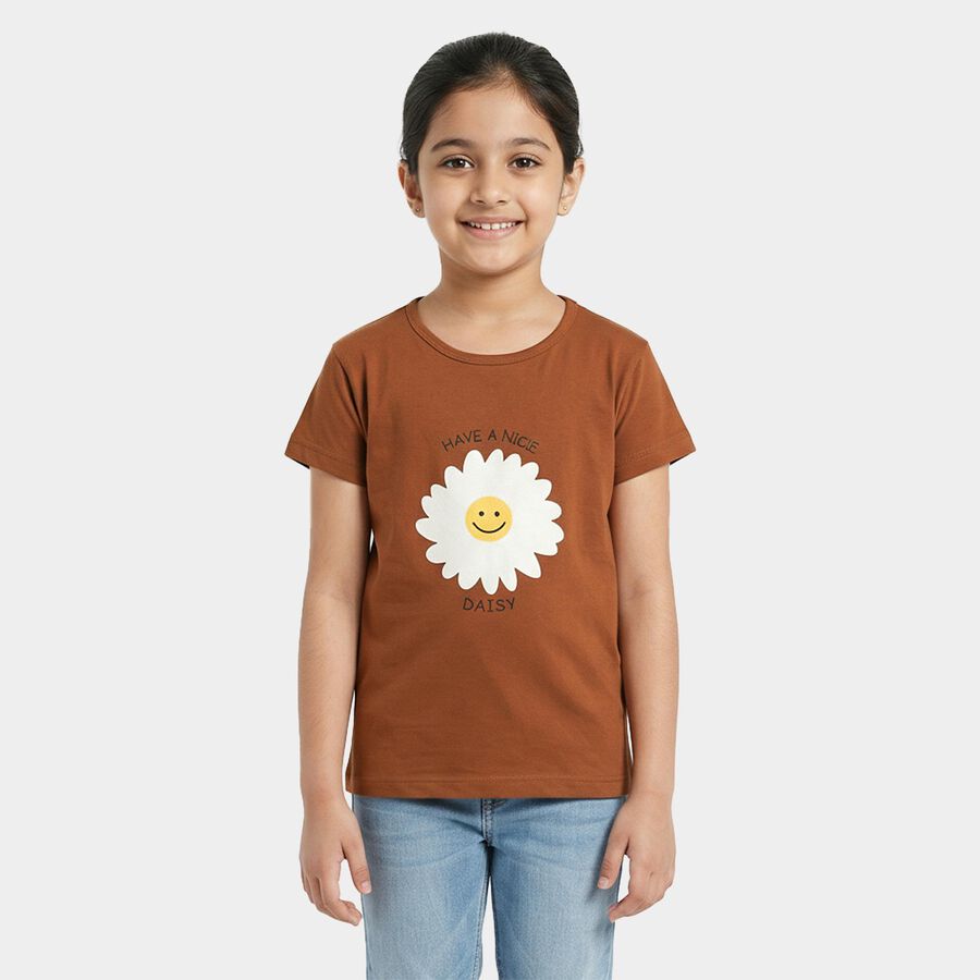 Girls Brown Cotton Blend T-Shirt, भूरा, large