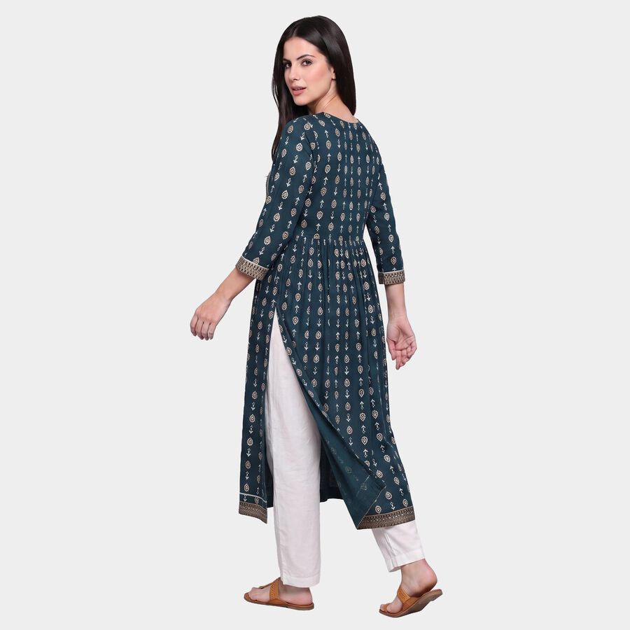 Women's Teal Round Neck Printed Kurta, Teal Blue, large