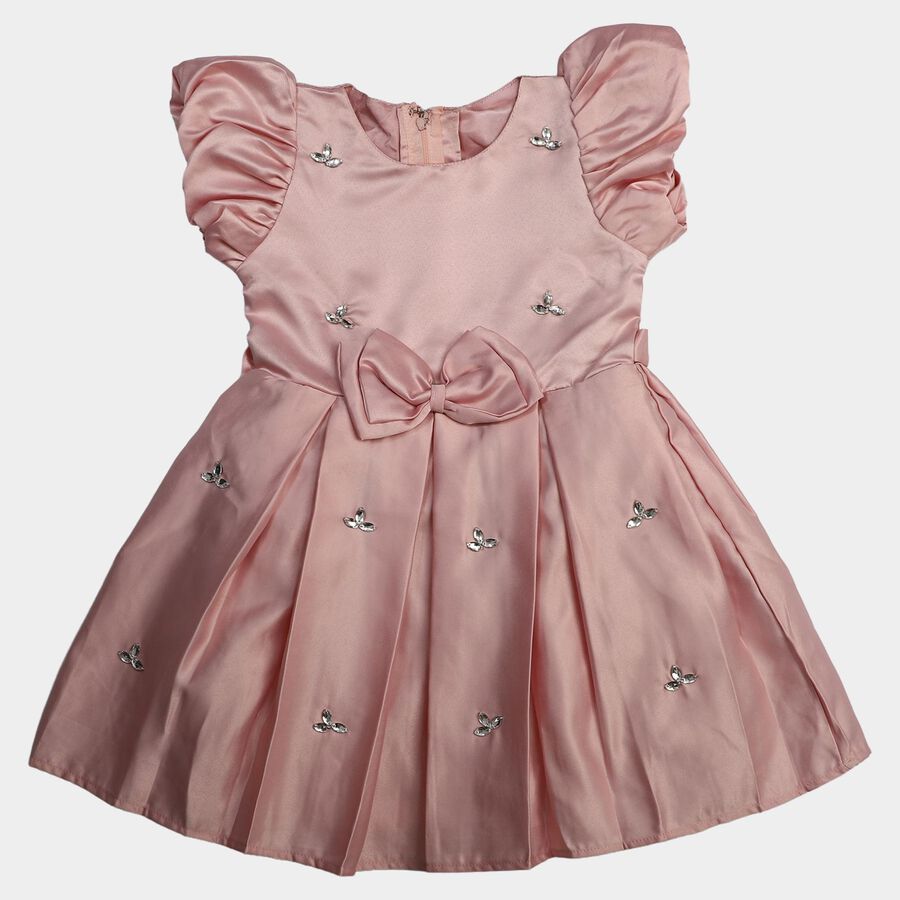 Girls Pink Fit and Flare Embellished Bow Party Wear Frock, Light Pink, large