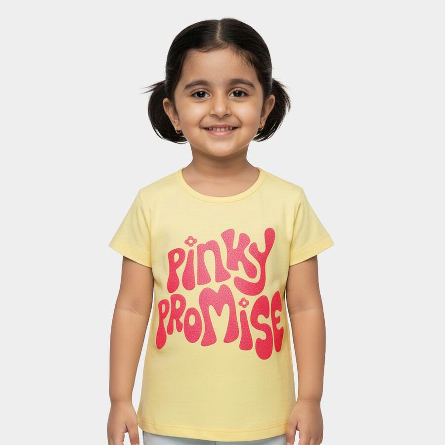 Girls Bright Yellow Cotton Round Neck Casual T-Shirt, पीला, large