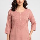 Women's Pink Round Neck Embroidered Kurta, Pink, small
