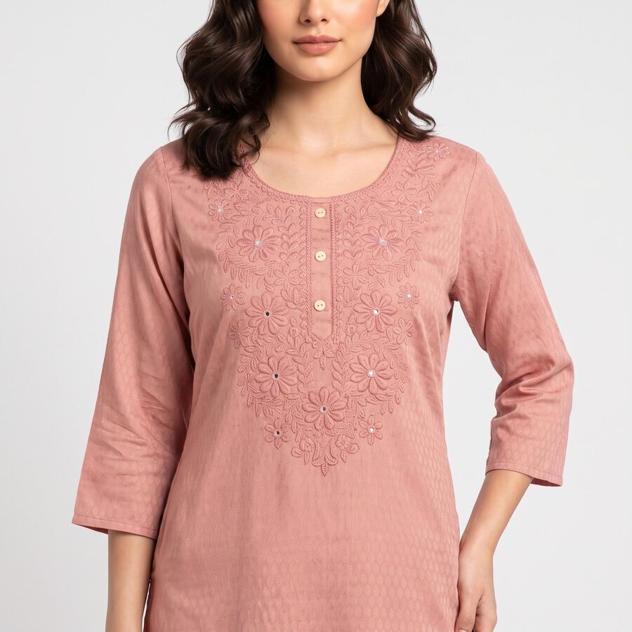 Women's Pink Round Neck Embroidered Kurta, Pink, large