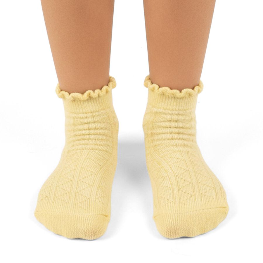 Girls' Soft Lavender Purple and Light Butter Yellow Regular Fit Scalloped Design Pack of 2 Socks, पीला, large