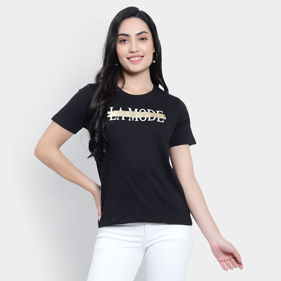 Round Neck T-Shirt, काला, large image number null