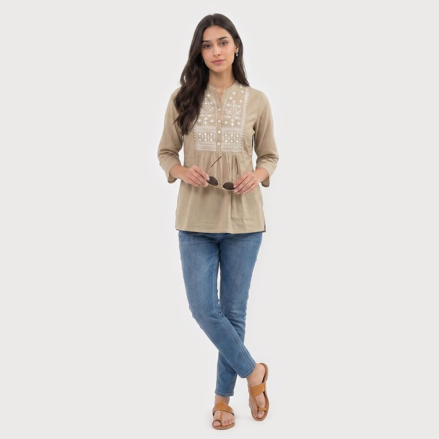 Women's Beige Cotton Mandarin Collar Embroidered Kurti, गहरा पीला, large