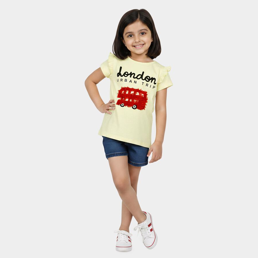 Girls Yellow Cotton Round Neck Casual T-Shirt, Yellow, large