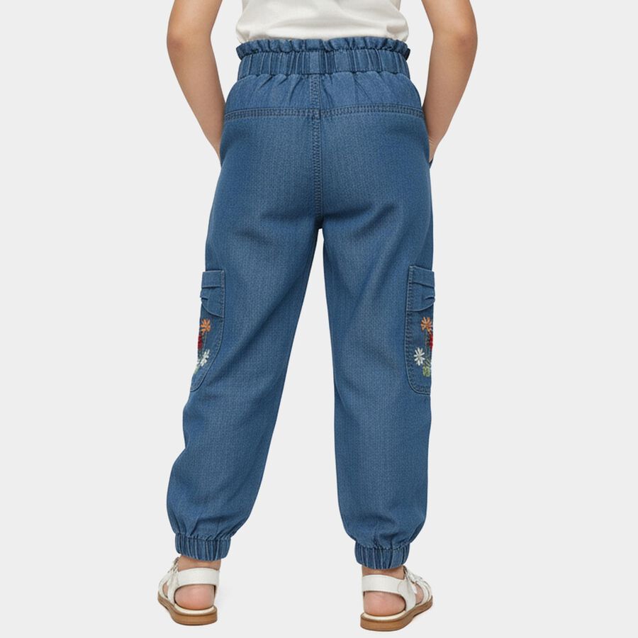 Girls' Blue Jogger Fit Embroidered Cargo Jeans, Mid Blue, large