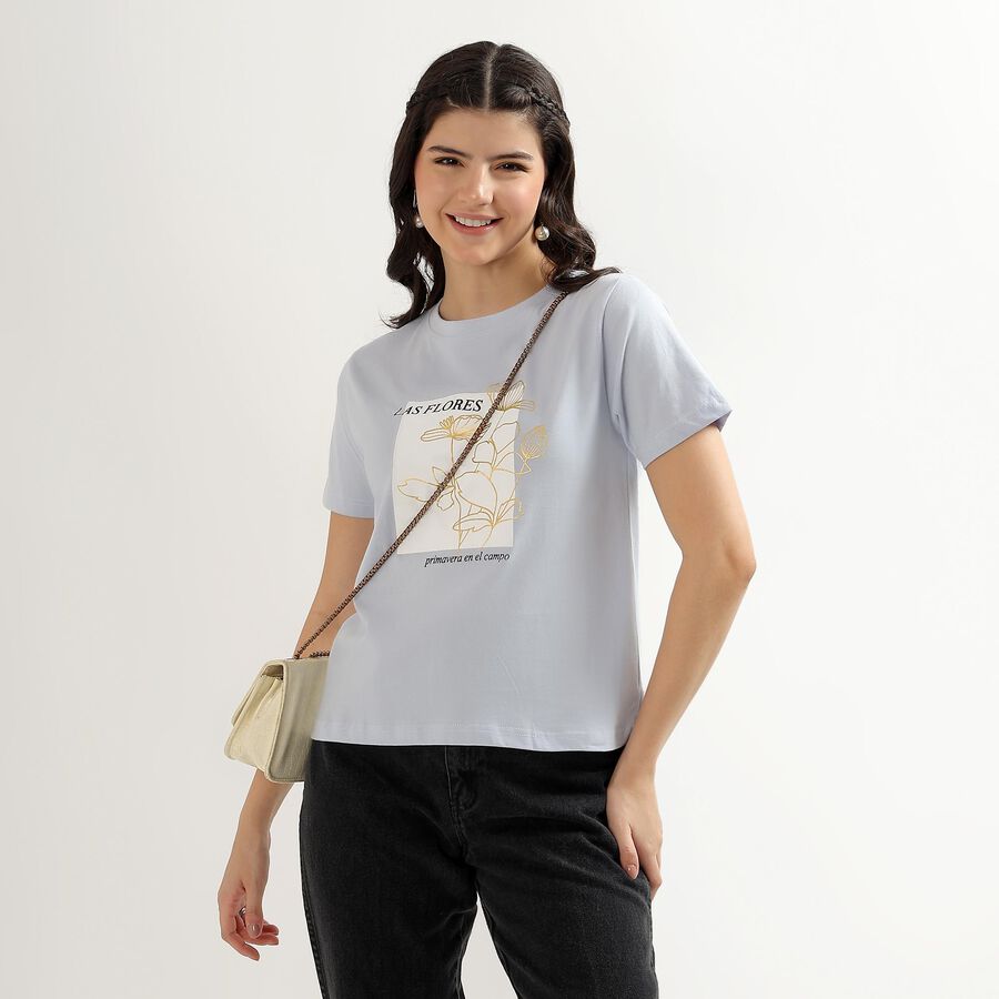Women's Light Blue Cotton Round Neck Floral Print T-Shirt, Light Blue, large image number null