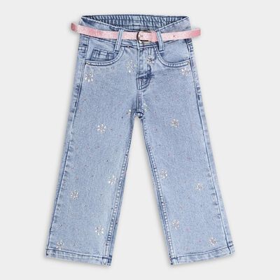 Girls' Light Blue Regular Fit Embellished Jeans