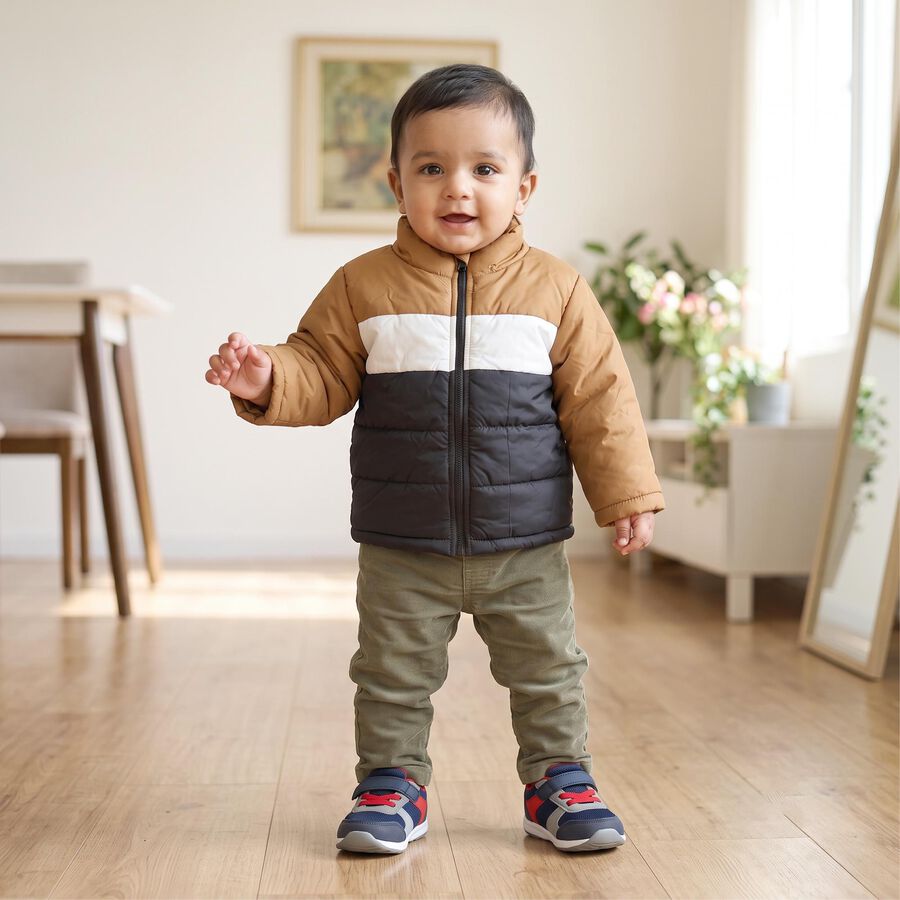 Infants Beige Stand Collar Puffer Jacket, गहरा पीला, large