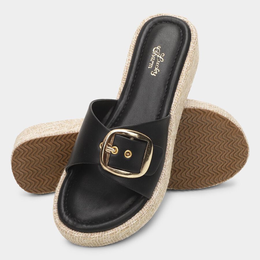 Women's Jet Black Buckle Strap Platform Sandals, Black, large image number null