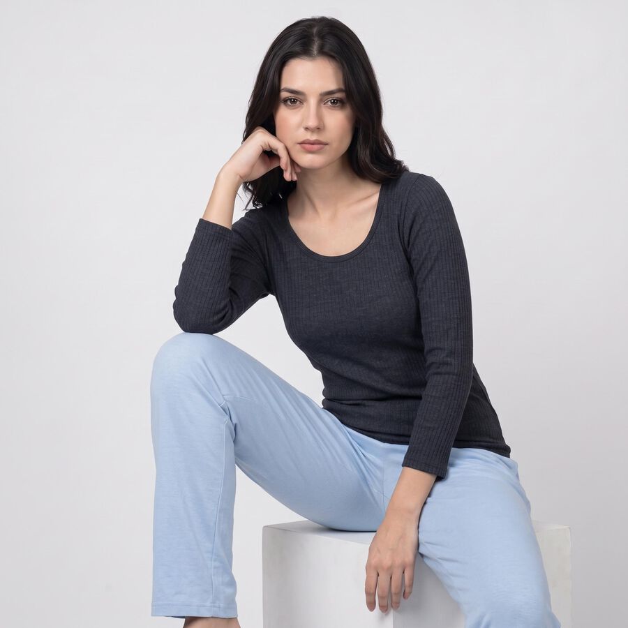 Women's Navy Blue Ribbed Thermal Top, मध्यम नीला, large