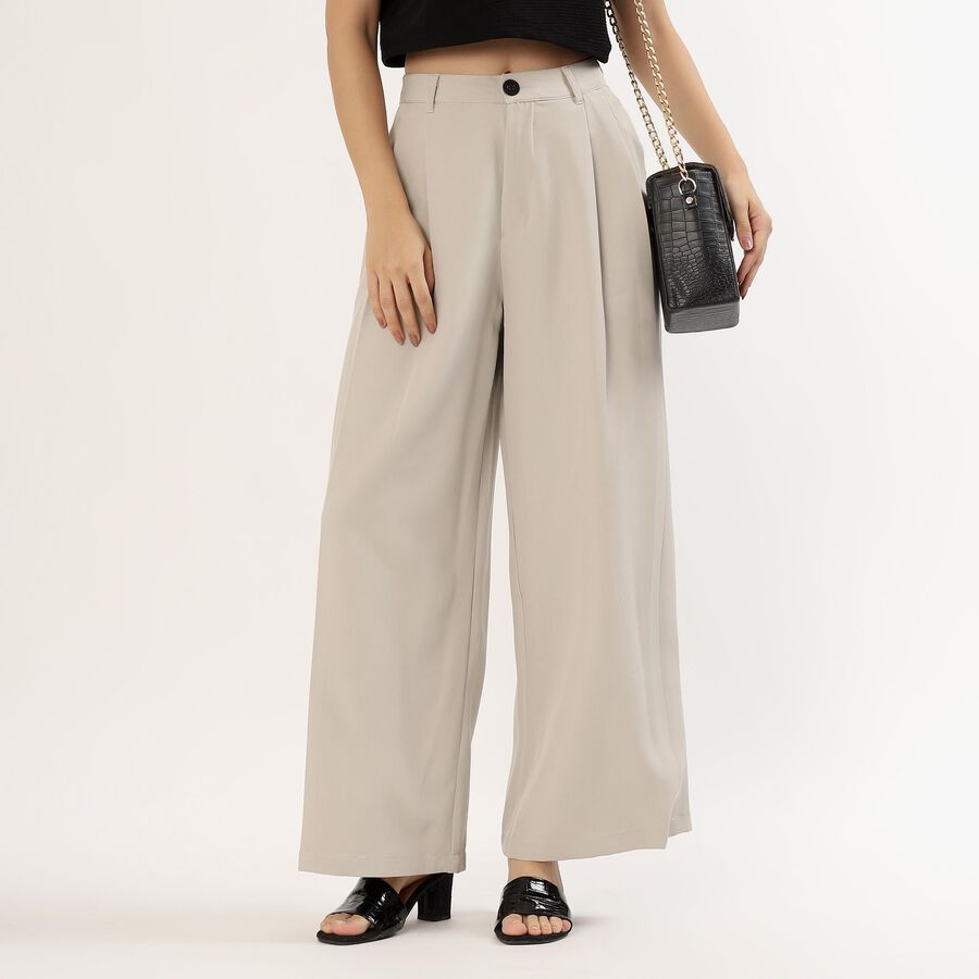 Women's Soft Beige Wide-Leg Pleated Trousers, Light Grey, large image number null