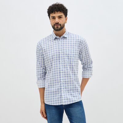Men's Light Blue Cotton Spread Collar Casual Shirt