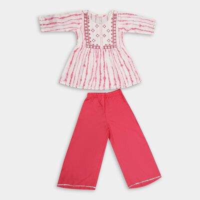 Girls' Bright Pink and White Embroidered Tie-Dye Three-Quarter Sleeve Fusion Set