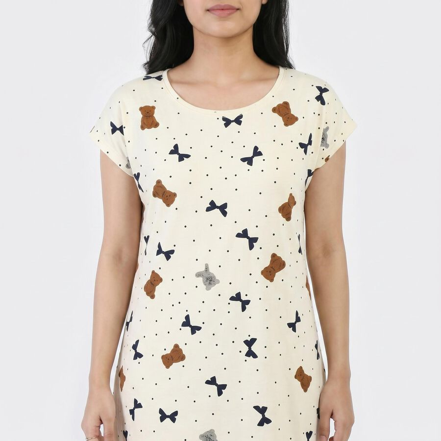 Women's Cream Round Neck T-Shirt Style Nighty, Off White, large
