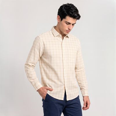 Men's Yellow Cotton Long Sleeve Spread Collar Shirt